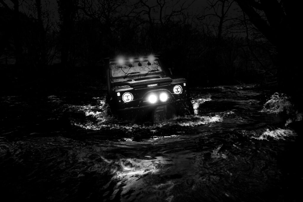 Black and White shot of Jeep in Deep Water