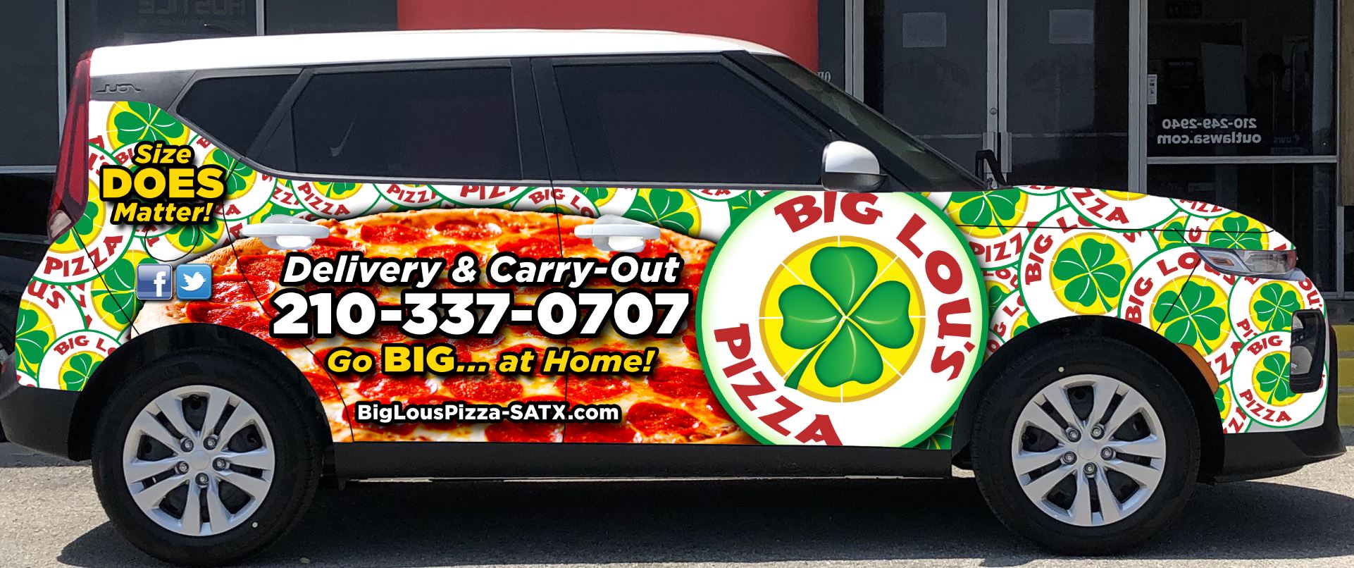 Custom vehicle wrap featuring vibrant graphics for Big Lou's Pizza, showcasing delivery information and promotional messaging, emphasizing design and branding services by OUTLAW Off-Road.